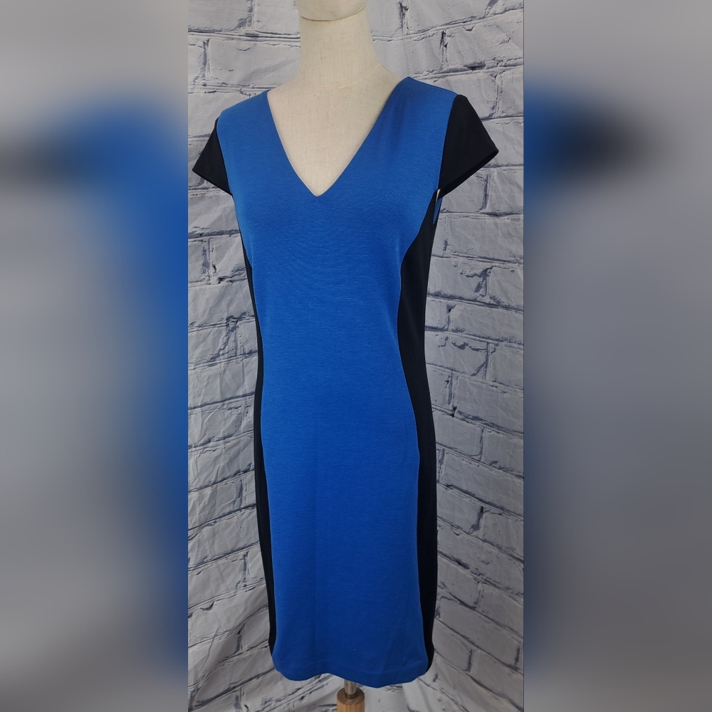 Michael Kors Cap Sleeve V-Neck Sheath Dress Midi Black and Blue Poly Rayon 2 US